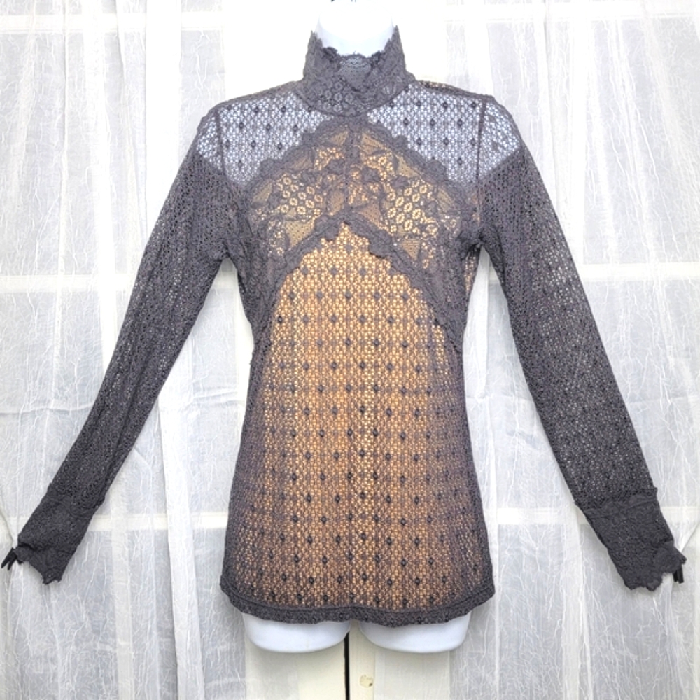 Nightcap Lace Long Sleeve Top High Neck Lined Gray Sz M Victorian Goth Romantic